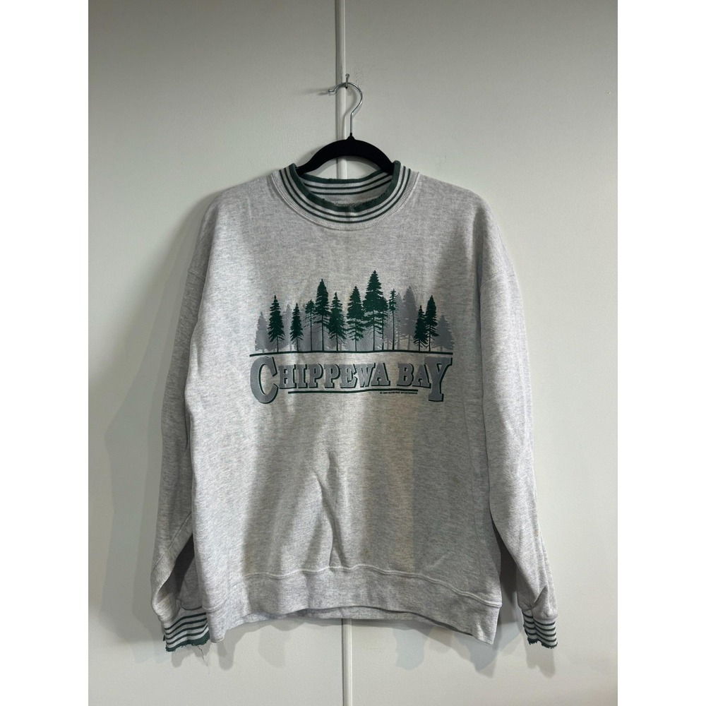 Vintage Oneita Chippewa Bay Sweatshirt Mens Large Gray Trees Graphic USA 90s